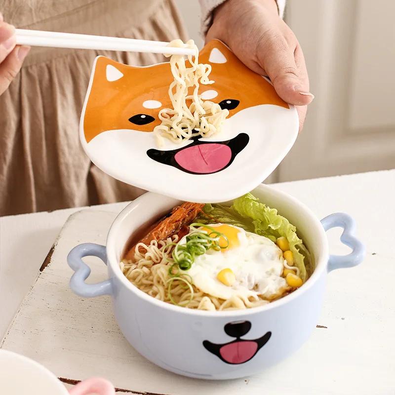 Cartoon Shiba Indy Corgi Ceramic Bowl Cute Animals Round Bowl Instant Noodles Bowl with Lid Household Tableware Kitchen Supplies