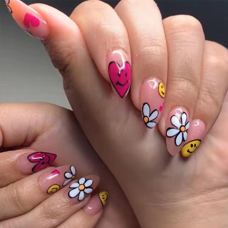 24Pcs Purple Almond Press On Nails With Gold Glitter And Green Leaf Design Wearable False Nail Tips