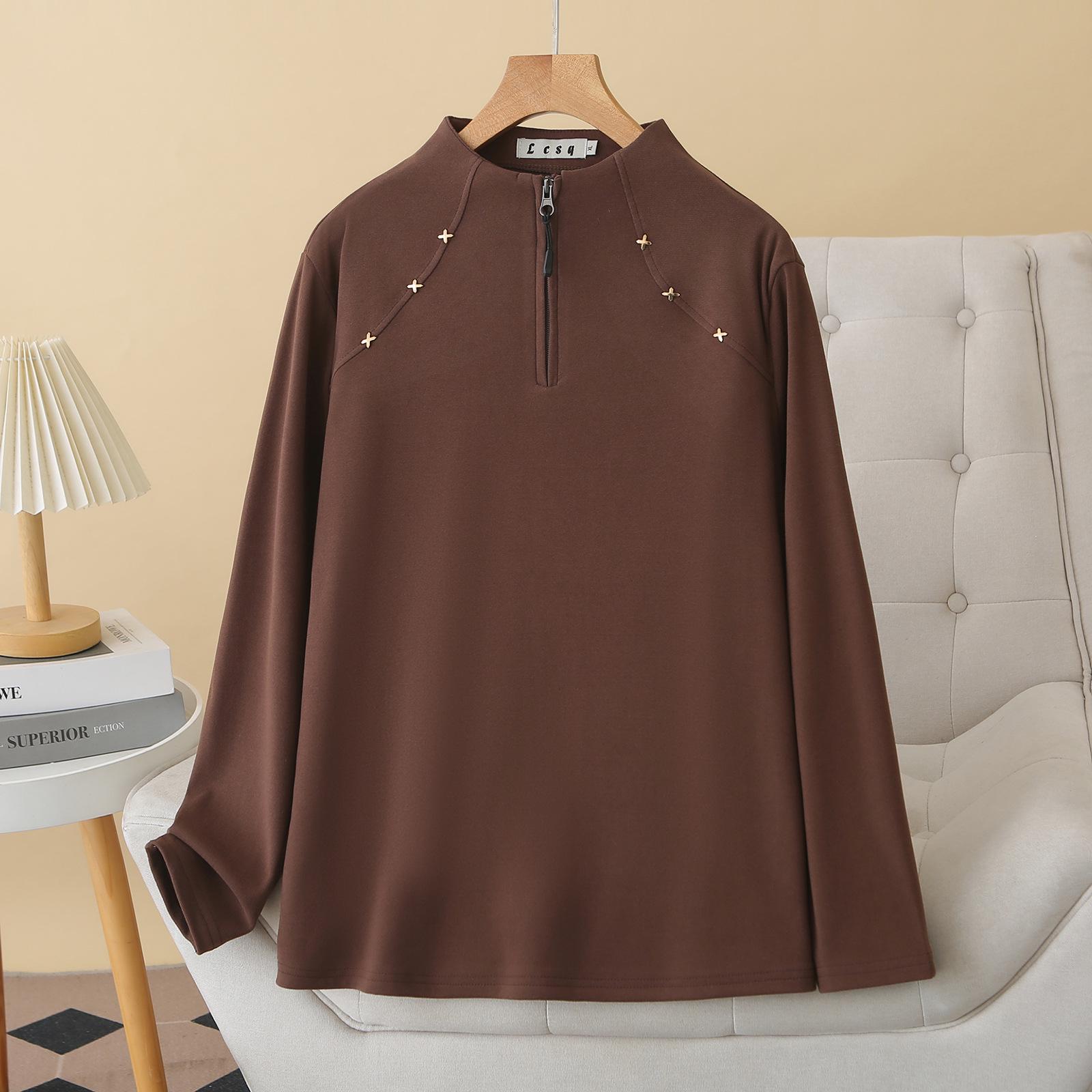 

Spring 2026 Plus Size Long Sleeve Stand Collar Top for Women - Slimming Stretchy Base Layer, 200 Jin 8332 4XL кофейный