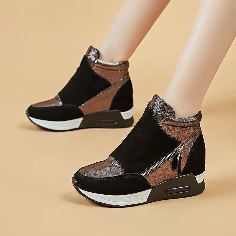 Fashion 6CM High Top Women Shoes Synthetic Leather Platform Ankle Boots Wedge Hidden Heel Autumn Warm Fur Winter Shoes Sneakers