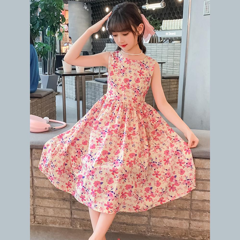 

Girl Sleeveless Floral Print Dress Children Kid Casual Summer Beach Sundress Princess Dresses Clothes 160 розовый