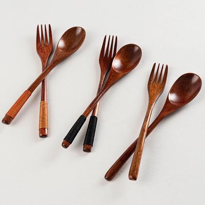 6Pcs Wooden Spoon Fork Japanese Style Dinnerware Set Portable Cutlery Long Wood Soup Spoon Dessert Fork Home Kitchen Tableware
