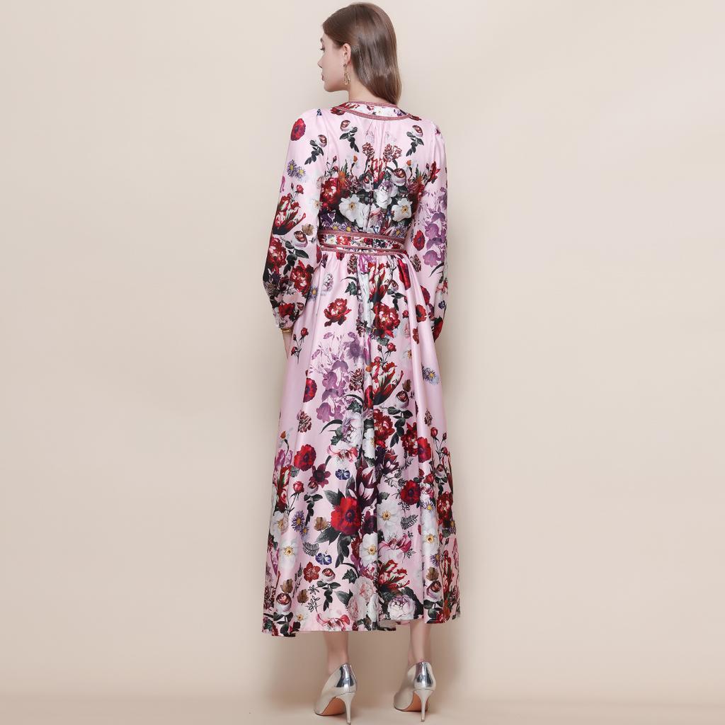 Spring Vintage Floral Maxi Dresses for Women Runway Cross V-Neck Long Lantern Sleeve Sashes Beach Holiday Dress Boho Robe