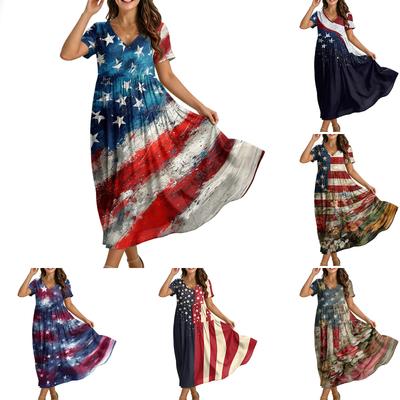 Women’s Short Sleeve V Neck Maxi Dress with Star and Stripe Print Loose Fit Casual A Line Long Dress for Summer Daily Wear