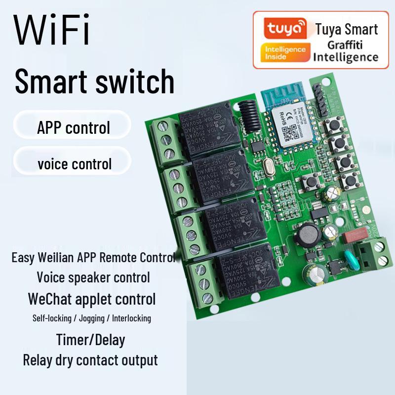 Graffiti Tuya 3-Mode WiFi Smart 4-Channel Power Switch Module with DC7-32V Circuit Breaker & Voice Control.