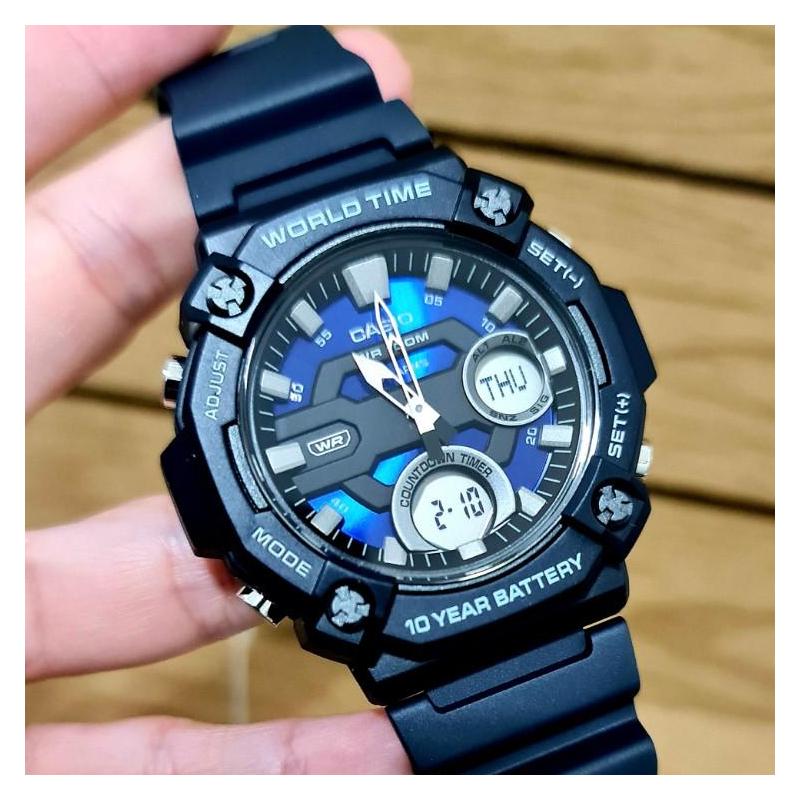 Casio YOUTH Series-Disc Dual Display 100 Meters Waterproof Quartz Movement Resin Strap Japanese and Korean Watch Men's Watch Blue Dial AEQ-120W-2AV