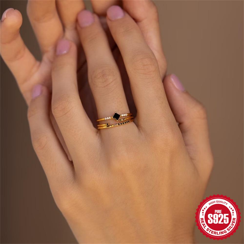 S925 Sterling Silver Three-Piece Set With Black Diamonds, Dark Women'S Fashion Geometric Zircon Stacked Ring Ring