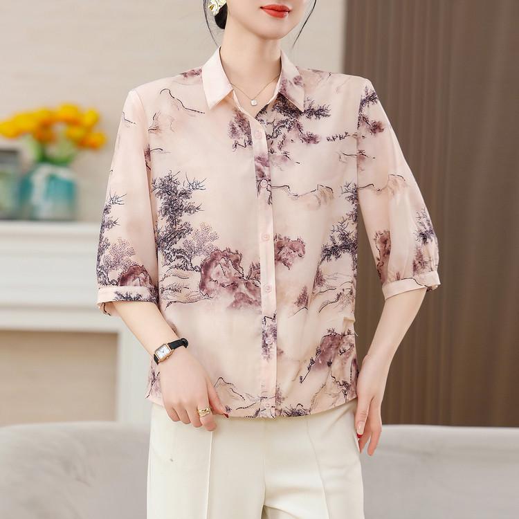 2026 Summer Seven-Sleeve Printed Imitation Silk Lapel Shirt for Women