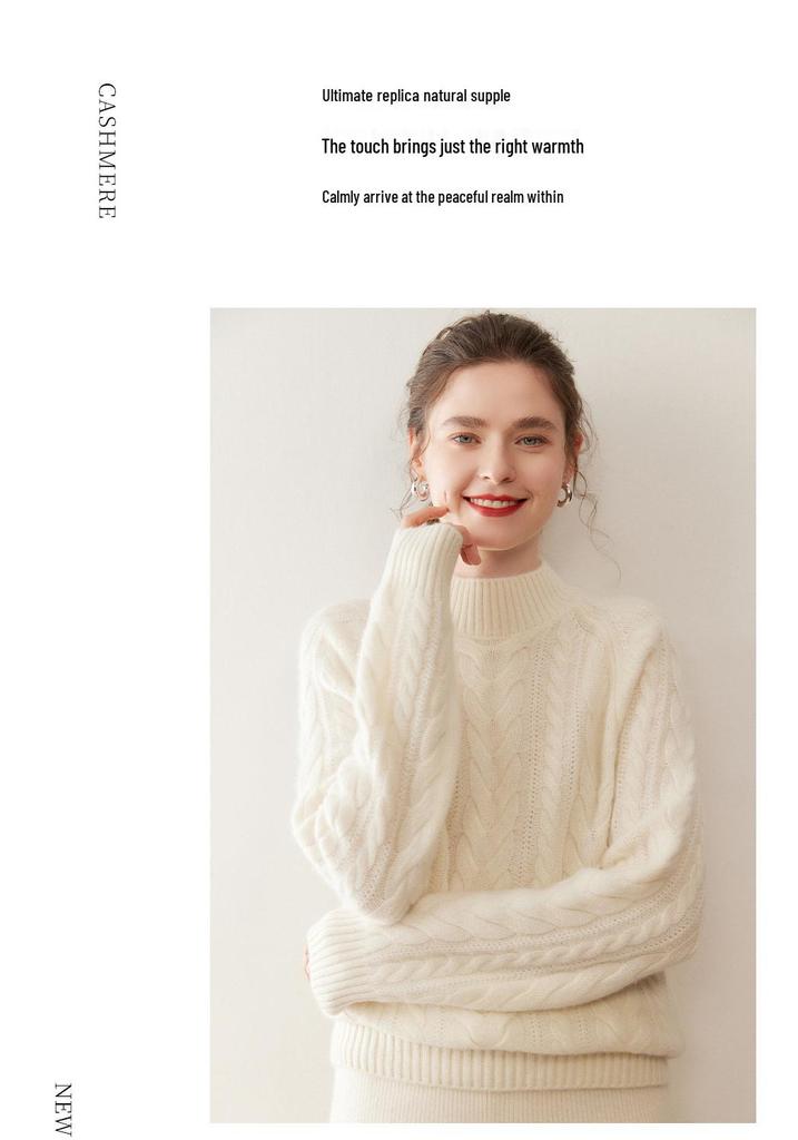 Women's Retro Cable Knit High-Neck Cashmere Sweater: Thickened, Slimming Pullover with Twisted Pattern, Perfect for Autumn and Winter.