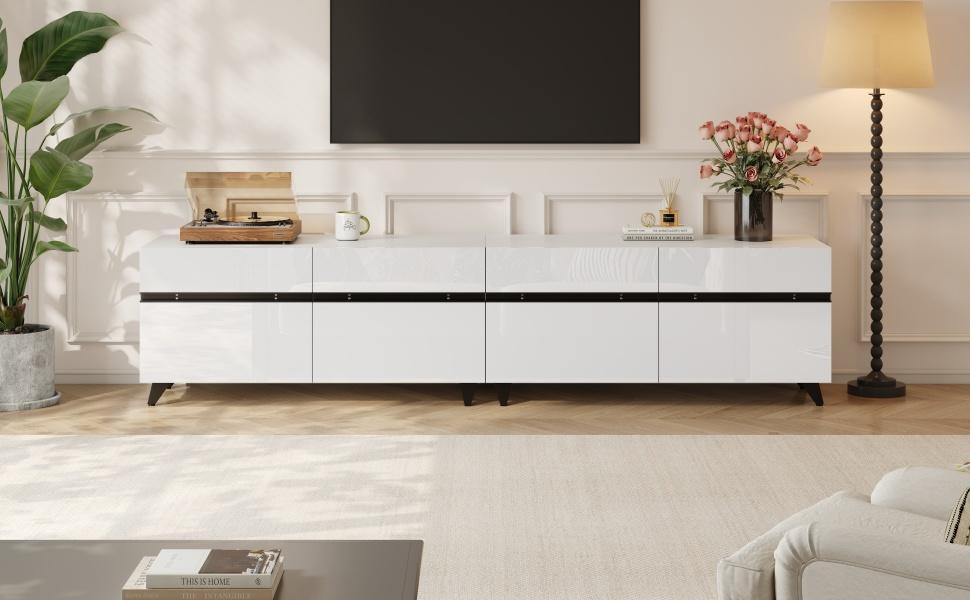 180*40*49cm High-Gloss TV Cabinet with 4 Cabinets and Adjustable Dividers, Cabinet with 8 Table Legs, Load Capacity 52kg, Suitable for 80-Inch TVs