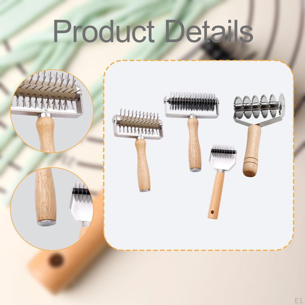 4Pcs Lattice Roller Pastry Cutter with Wood Handle Docker Rolling Noodle for Household Home Cafe