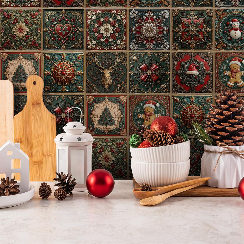 24pz Elementi Natalizi Classici Vintage Adesivi Piastrelle Ceramiche Bagno Cucina Soggiorno Autoadesivi Decorativi