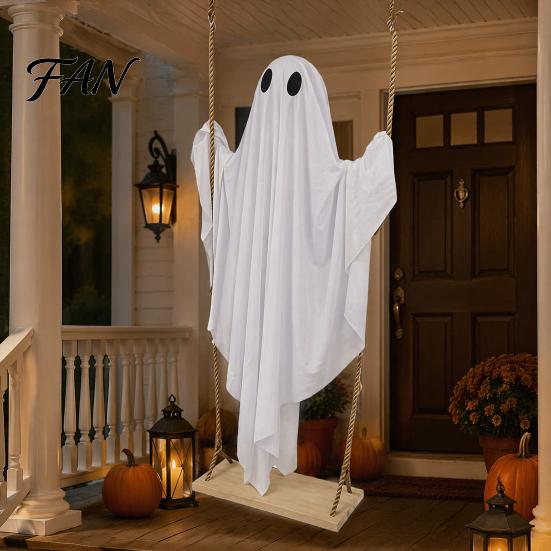 Weighted Fabric Flying Ghost Halloween Hanging Swing Decor with String Lights, Glowing Floating Lighted Porch Ornaments Ornament for Yard Tree,