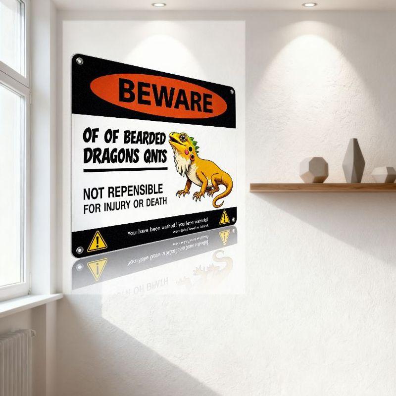 Beware of Bearded Dragons Funny Prank Metal Tin Sign - Warning of Injury, Cartoon Dragon, Home Bar Man Cave Decor