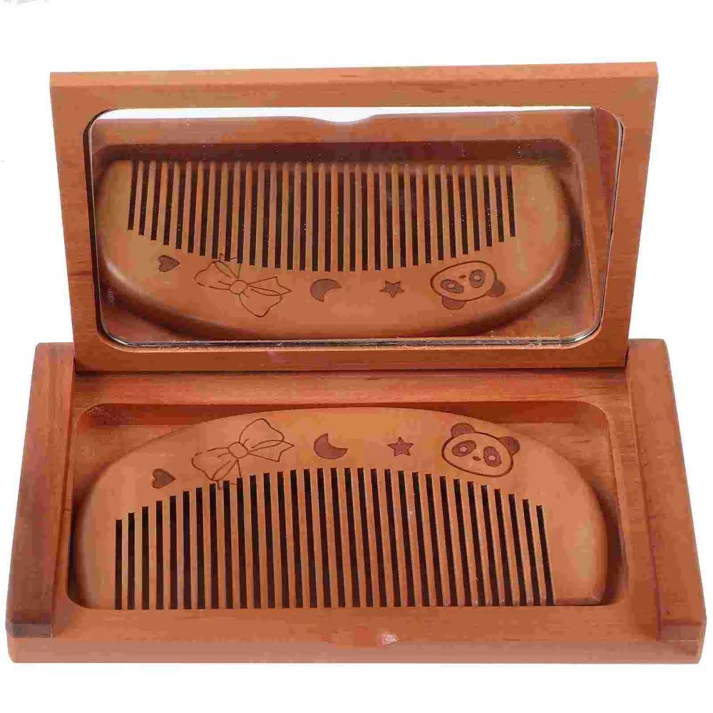Peachwood Wooden Comb Mirror Set 2 in 1 Makeup Mirror Durable Foldable Pocket Mirror Makeup Tool