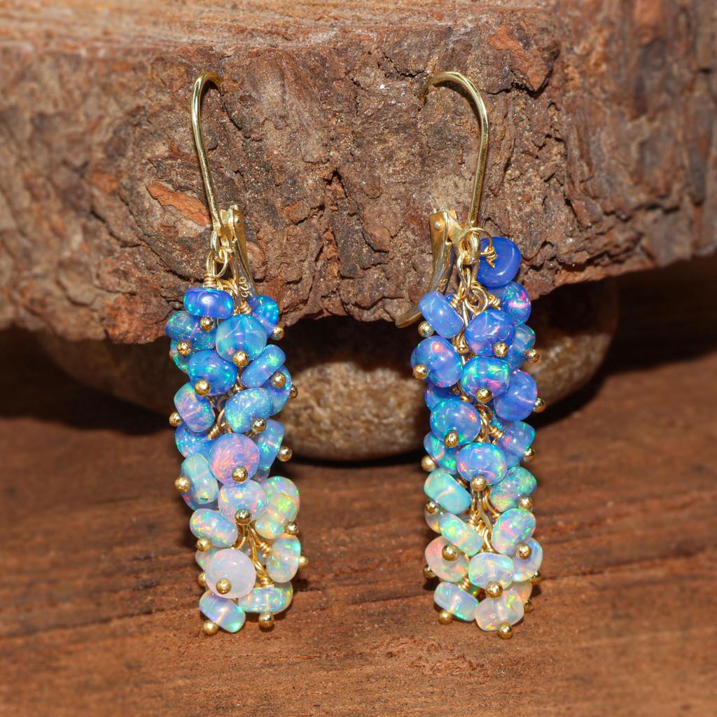 Multifire Blue Opal Cluster Earring, Fire Opal Beads Dangle Earring, Natural Opal Beaded Earring, Birthstone Jewelry for Women, Gift for Her