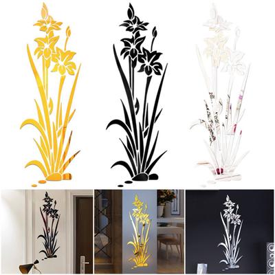 Removable Flower Mirror Sticker Self Adhesive Orchid Floral Mirror Surface Wall Sticker Waterproof 3D Wall Art TV Background