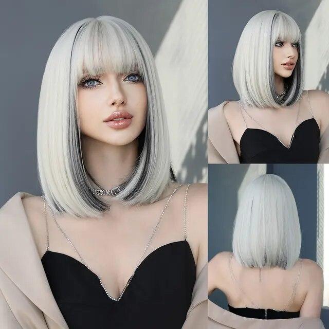 Černá s bílou Bob paruky s ofinou Krátké rovné paruky pro ženy Zajímavosti Paruka Cosplay Party Blackpink Korea Paruka