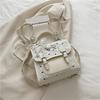 Pink Black Bow Print Backpack For Women Pearl Chain Lace Decor PU Leather Handbag Cute Shoulder Bag For School Commute Date