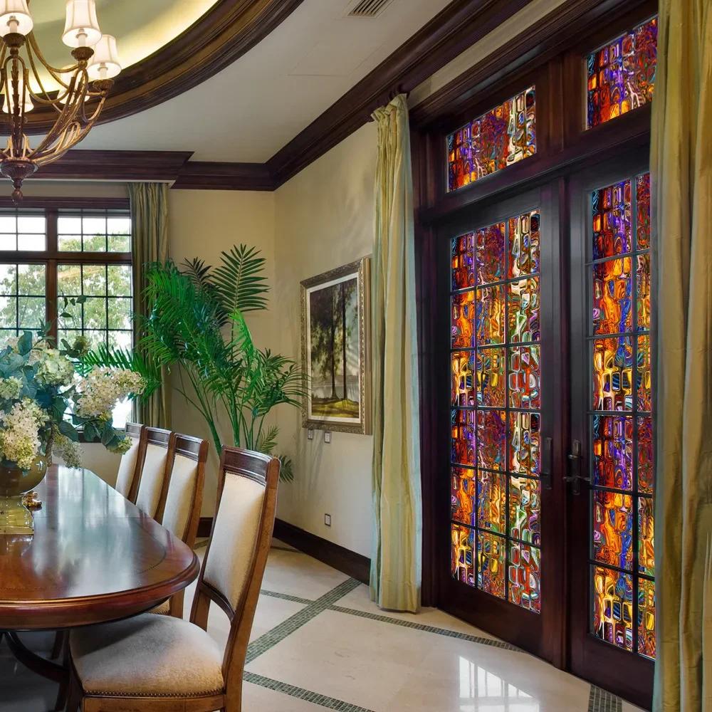 Retro Flowers Colorful Stained Glass Window Film Pattern Non-adhesive Window Decals Static Clings Non-Adhesive Window Stickers