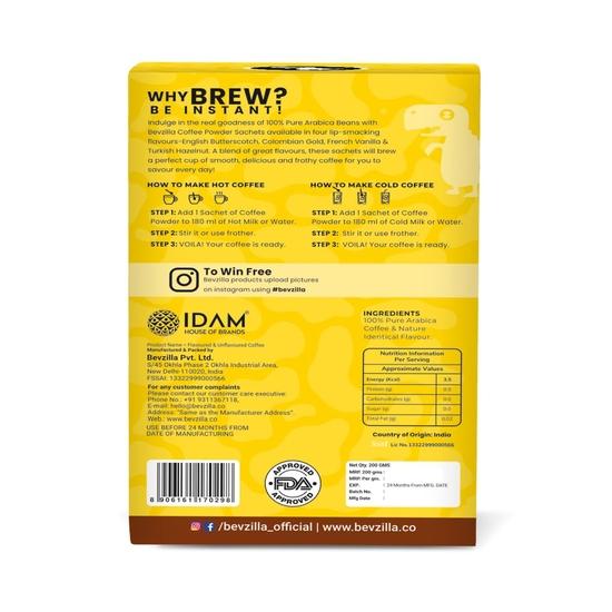 Bevzilla 96 Instantkaffee-Pulver-Beutel(4 Geschmacksrichtungen) - 192 Gramm | Haselnuss, Klassisch, Vanille & Karamell | 24 Beutel Jede Geschmacksrichtung