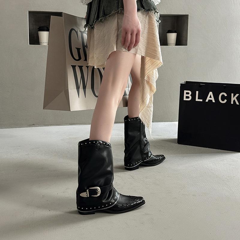 Design Punk Boots Women's High-end Trouser Tube Boots 2025 Summer New Pointed Rivets Pleated High Heel Thick Heel