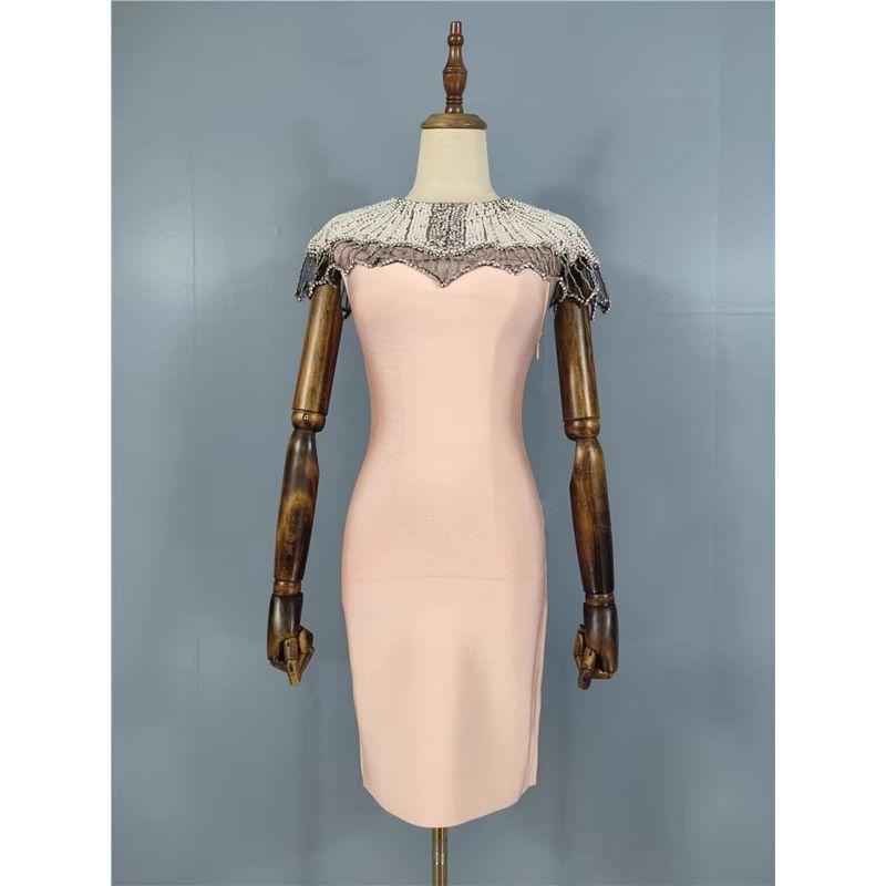 

Foreign Trade Order High Quality Beads Elastic Rubber Warp Waist Hugging Slimming Lady Beautiful Summer New Fashion Dress Light pink M