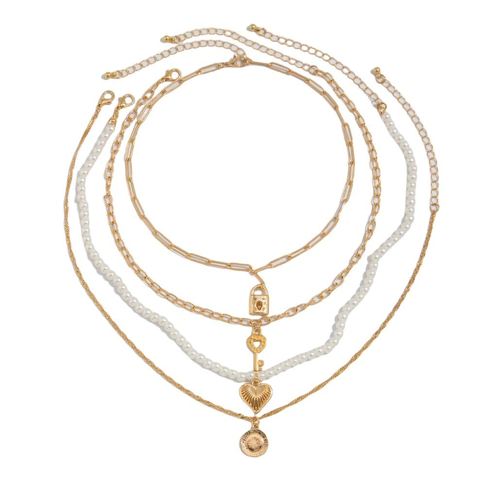

Multi-layer Pearl Beaded Necklace Metal Beach Style Necklace Ornaments Pearl Shell Necklace Daily Lock Key