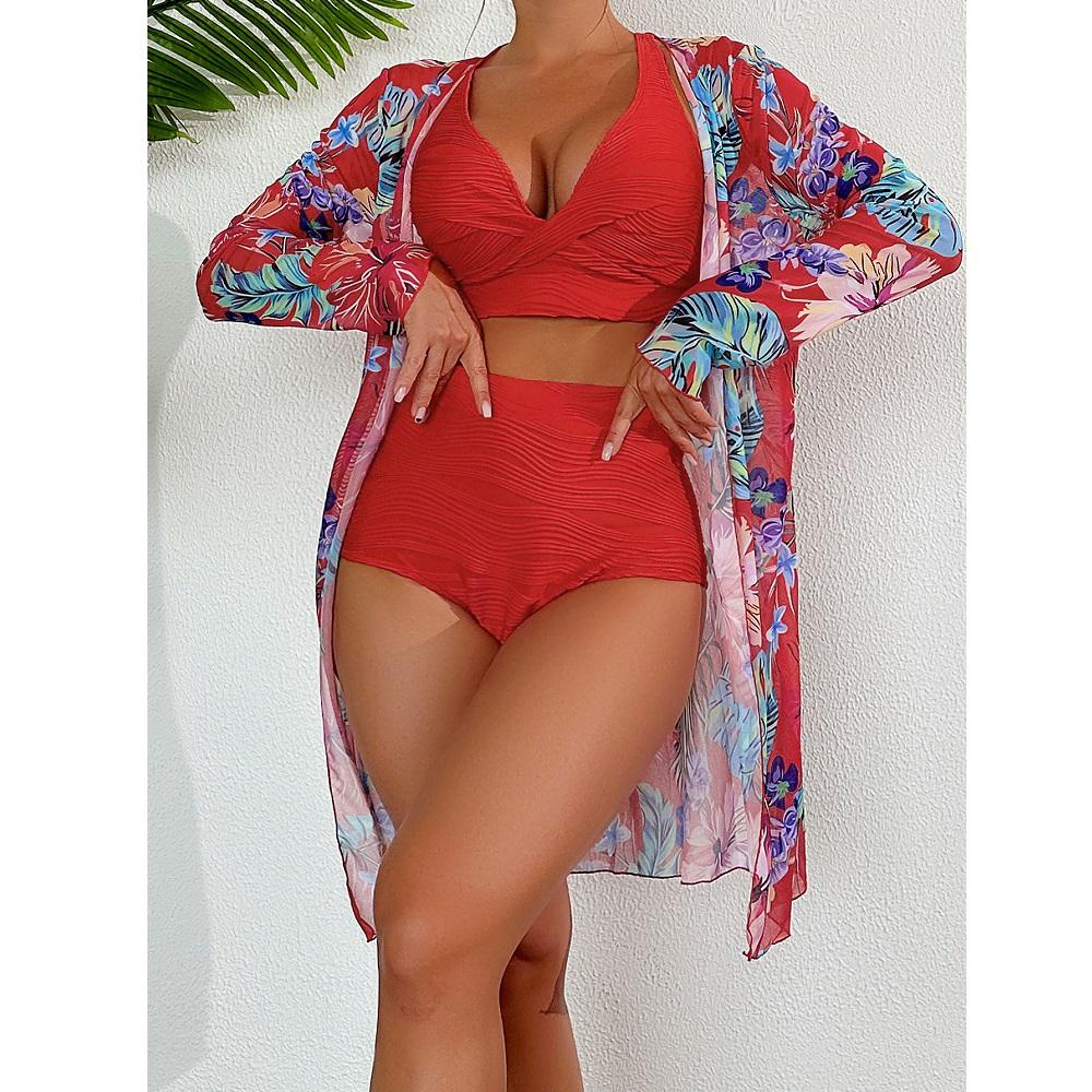 Kvinner tredelt bikinisett Høy midje shorts badedrakter Langermet utskrift Cover Ups Beach Biquinis feminino