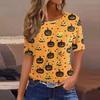 Women's Short Sleeve Halloween and Pumpkin Print T-Shirt, Casual Round Neck Pullover Top for Women
