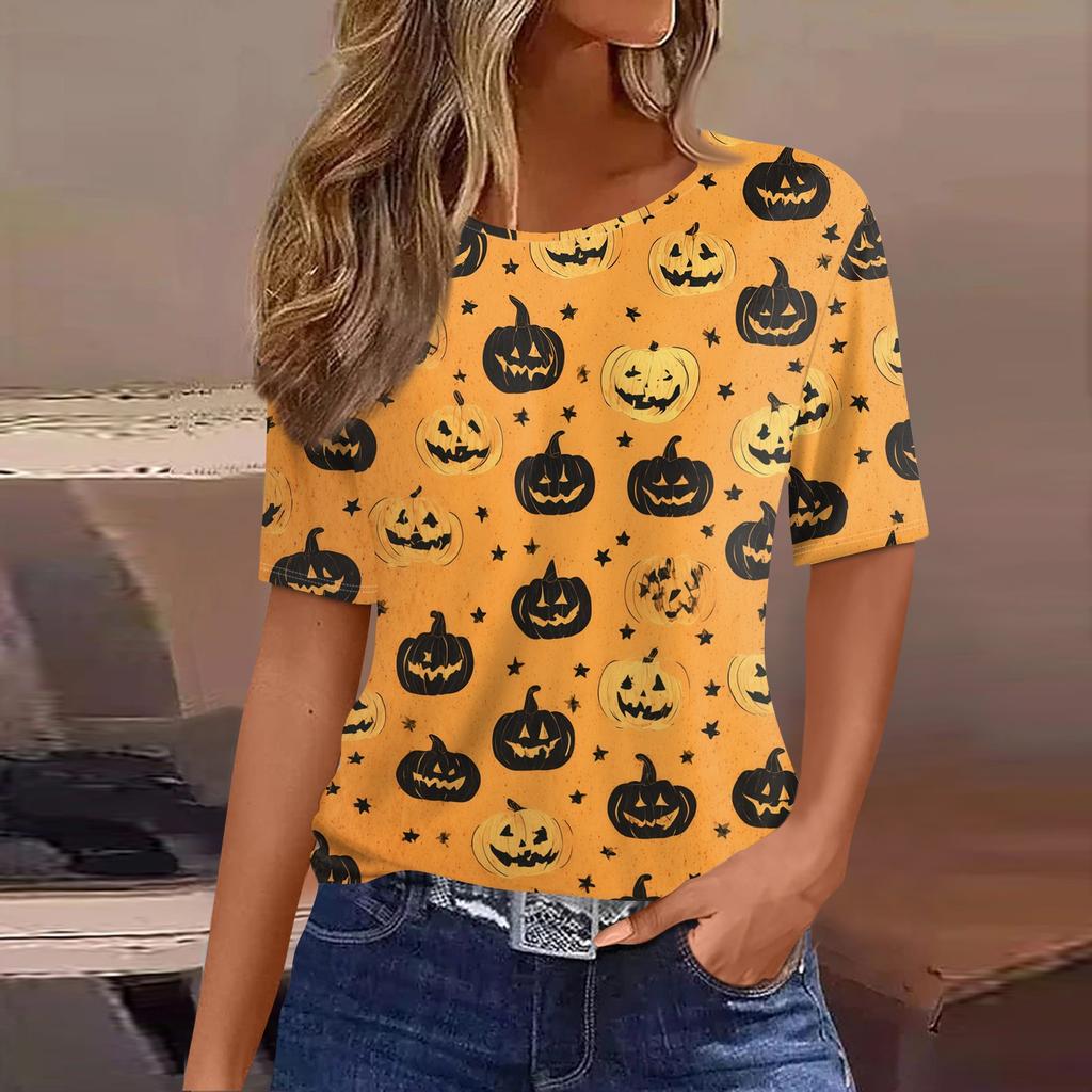 Women's Short Sleeve Halloween and Pumpkin Print T-Shirt, Casual Round Neck Pullover Top for Women