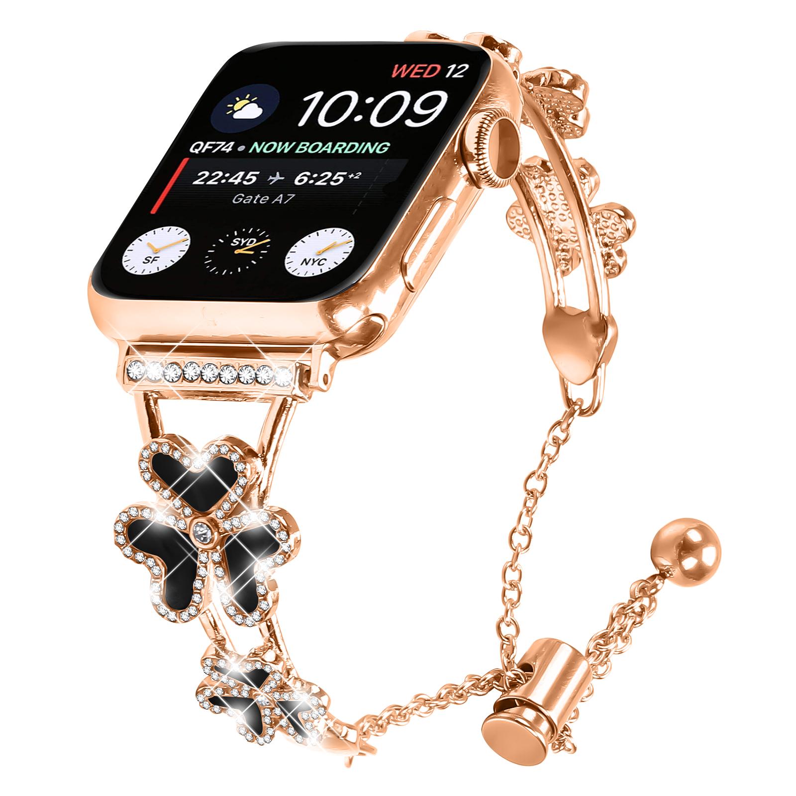 

Metal Band Heart Clover Decor For Apple Watch Series 10 Ultra 9 8 7 SE 6 5 4 3 2 1 46mm 49mm 45mm 44mm 40mm Watch Bracelet Rose Gold
