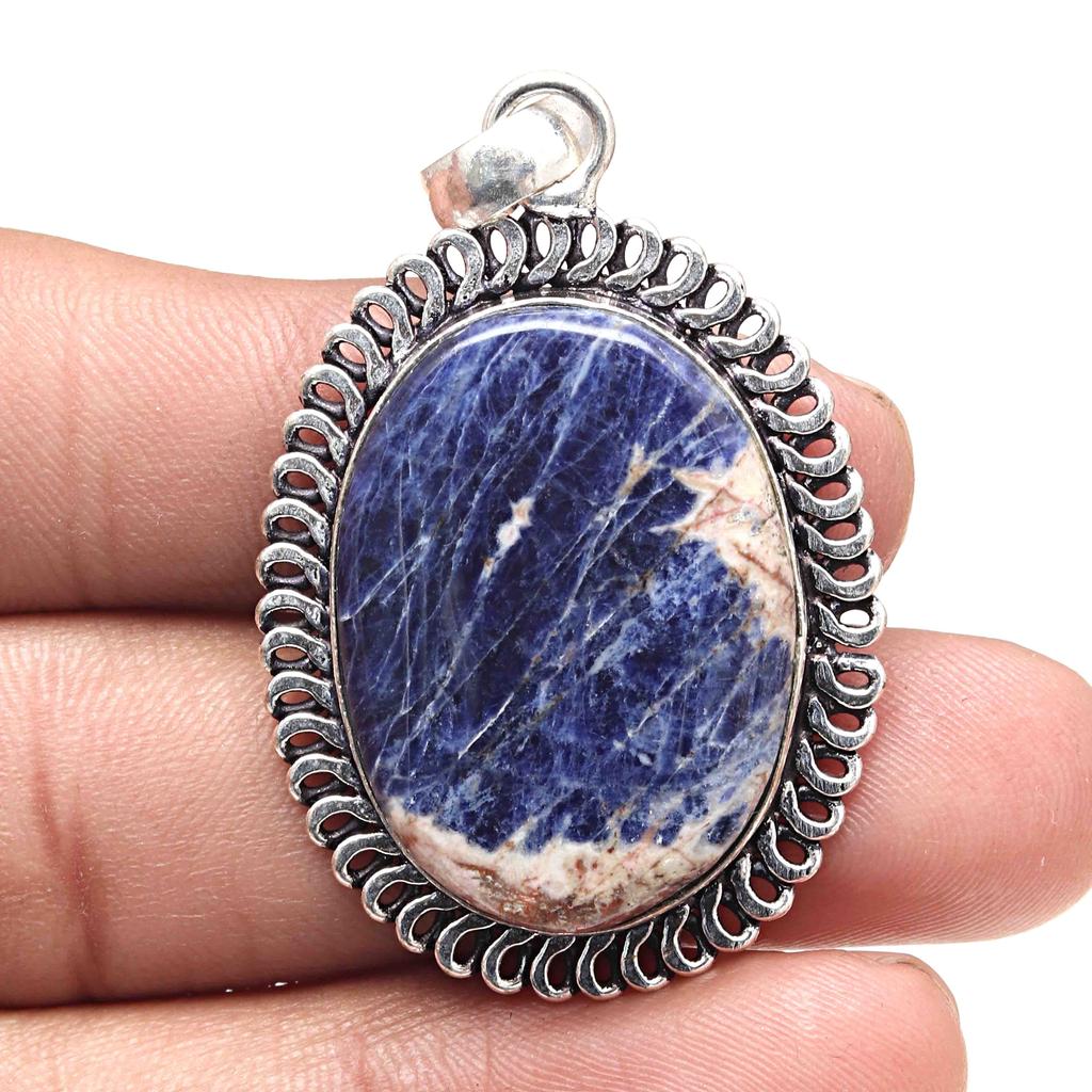Pendant Sodalite Blue Color Gemstone Valentine'Day Gift Silver Jewelry 2.25"