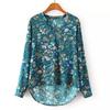 Women Casual Long Sleeve V-neck Floral Print Shirt Chiffon Blouse Irregular Top