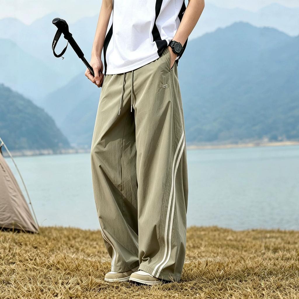 Spring and summer new European scimitar striped loose khaki wide-leg casual pants men's very light pants