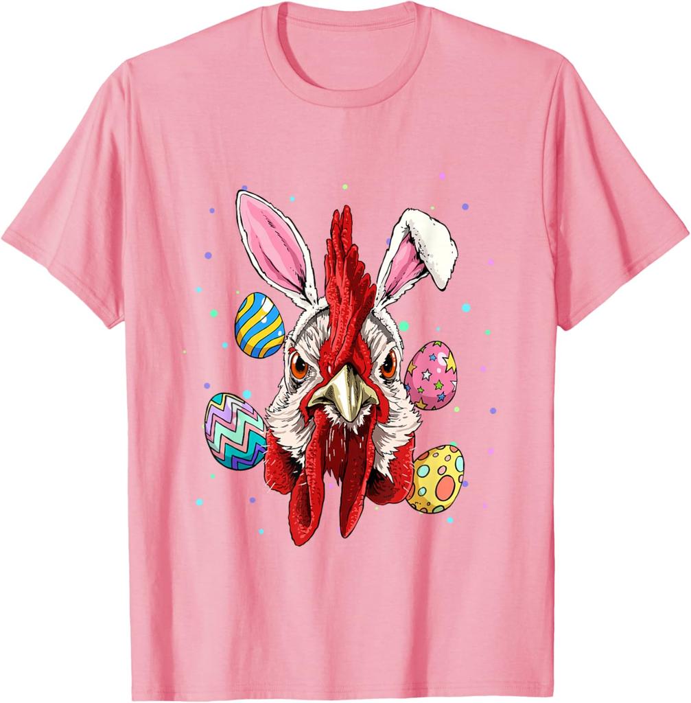 Funny Rooster Bunny Easter Egg Graphic Tee Men's Casual Short Sleeve T-Shirt Trip