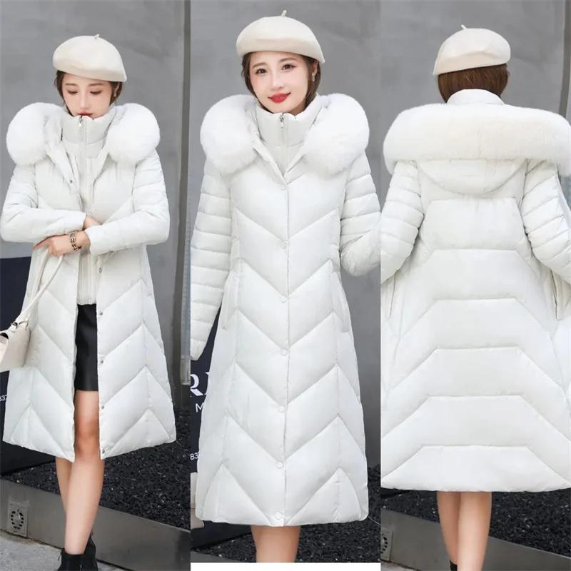Women Winter Hooded Fur Collar Long Parkas Thick Warm Down Cotton Padded Jacket Women Casual Hoodies Coat Female Outwear