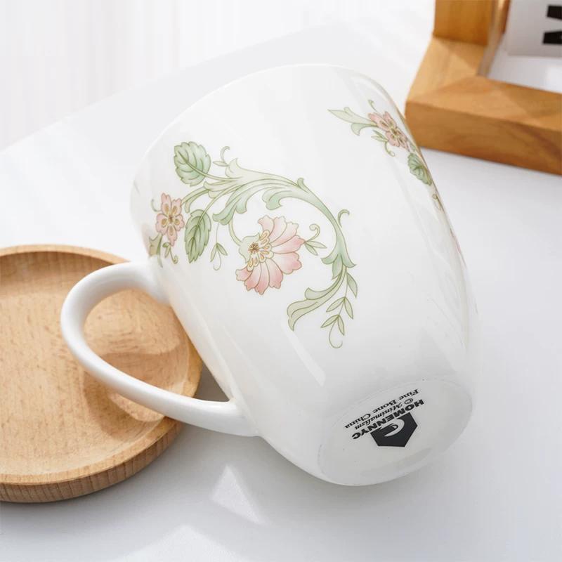 Floral Pattern Fine Bone China Mug, White Porcelain Coffee Mug with Handle, Safe for Microwave Oven, 1pc