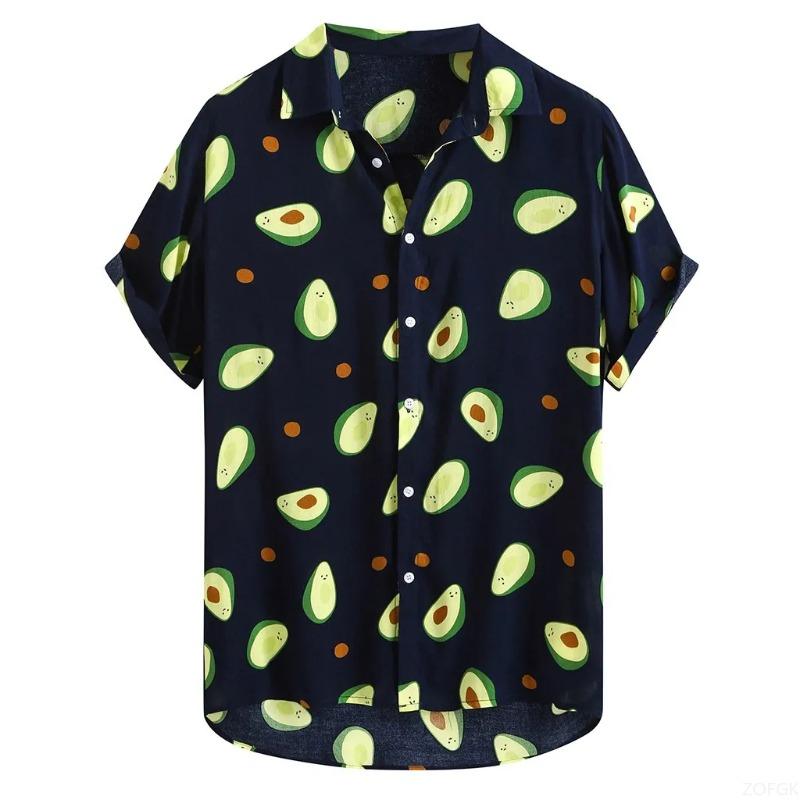 Sommer Avocado 3D-Druck Herren Freizeit Locker Tropisch Hawaiianisch Kurzarm Hemd Knopf Oberteil 4XL beige