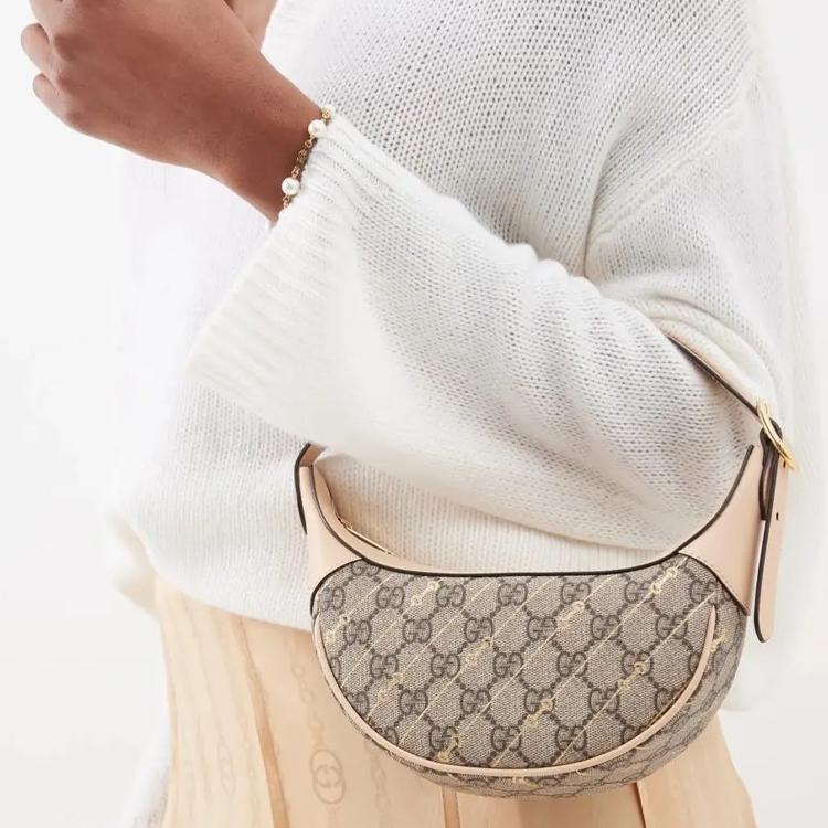 Gucci Ophidia Double G Logo Zipper Closure Canvas And Leather Trim Canvas Bag Handbag Shoulder Bag Women'S Beige And Ebony