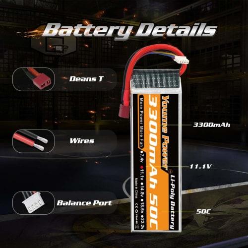 Youme Power 3S LiPo Battery, 11.1V RC Lipo 3300mAh 50C Deans T-Plug for RC Cars, Trucks, Truggy, Airplanes, UAVs, Drones, FPV Gliders, 3D Planes, Park