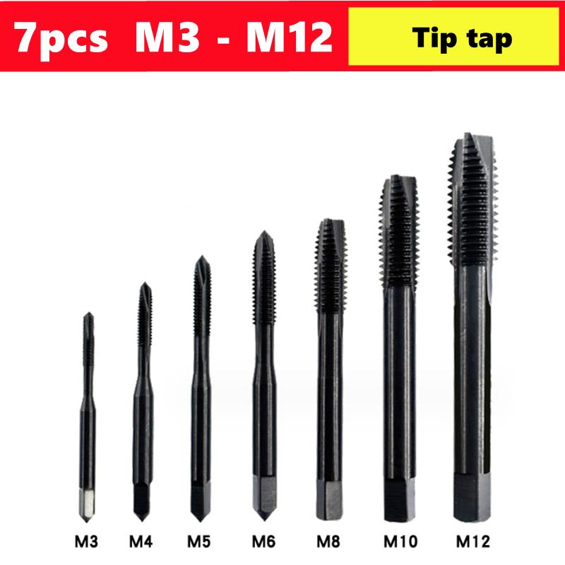 7-teiliges HSS Nitridier-Maschinengewindebohrer-Set M3-M12 Spiralbohrer und Spitzbohrer, verwendet für Innengewindeschneiden und Gewindereparaturwerkzeuge