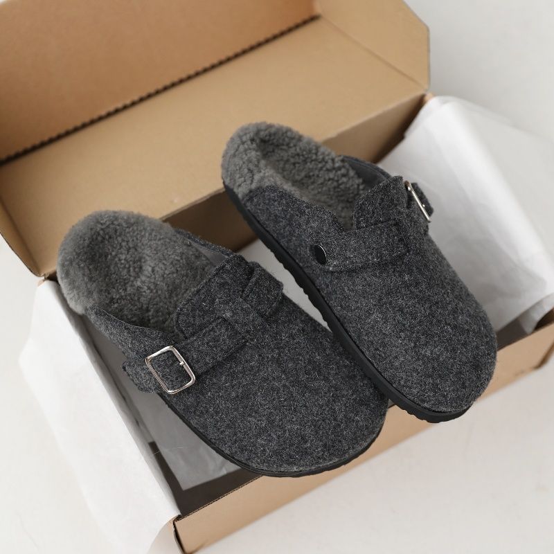 Thick-soled versatile Birkenstock slippers women's baotou in autumn and winter 2025 new felt suede one-pedal wool muller shoes
