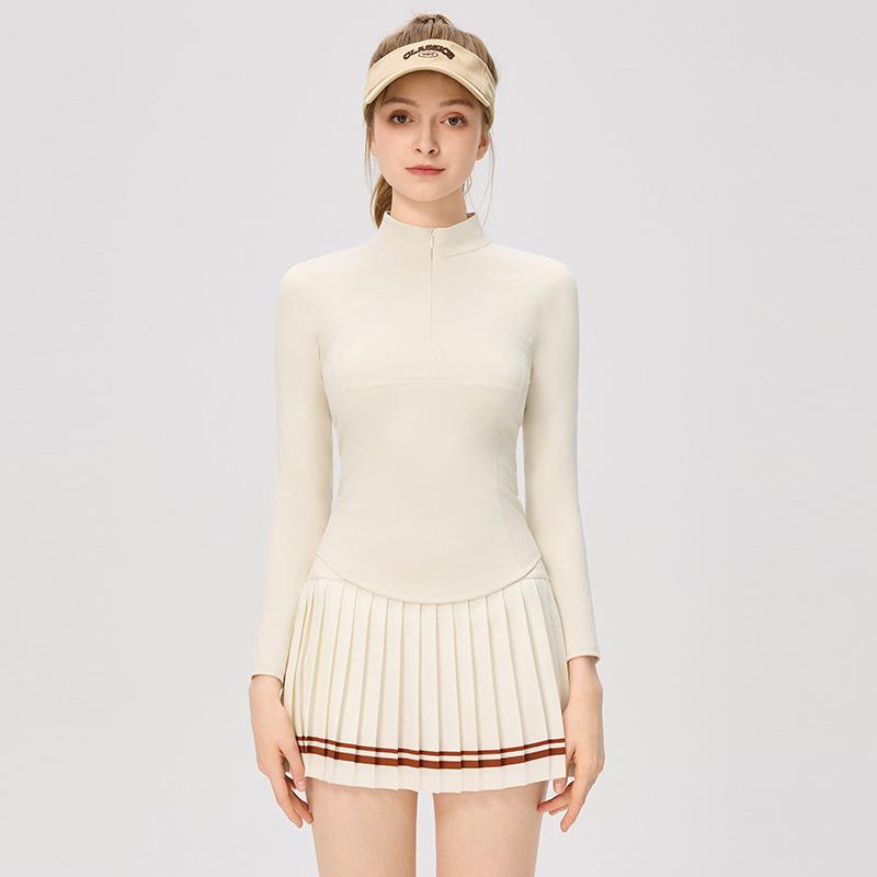 Women's Slim Fit College Style Tennis Set: Long Sleeve Top & Striped Pleated Skirt