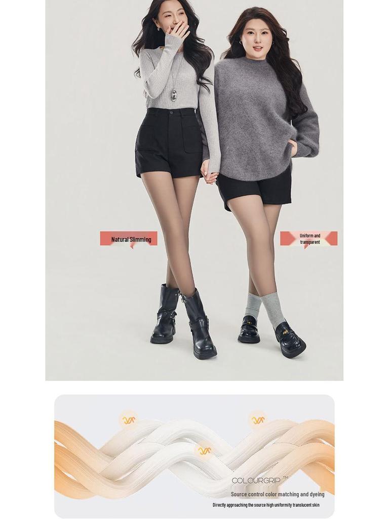 High-Waisted Black Fleece-Lined See-Through Leggings, Tummy Control, Nude Feel, Autumn/Winter Sheer Pantyhose