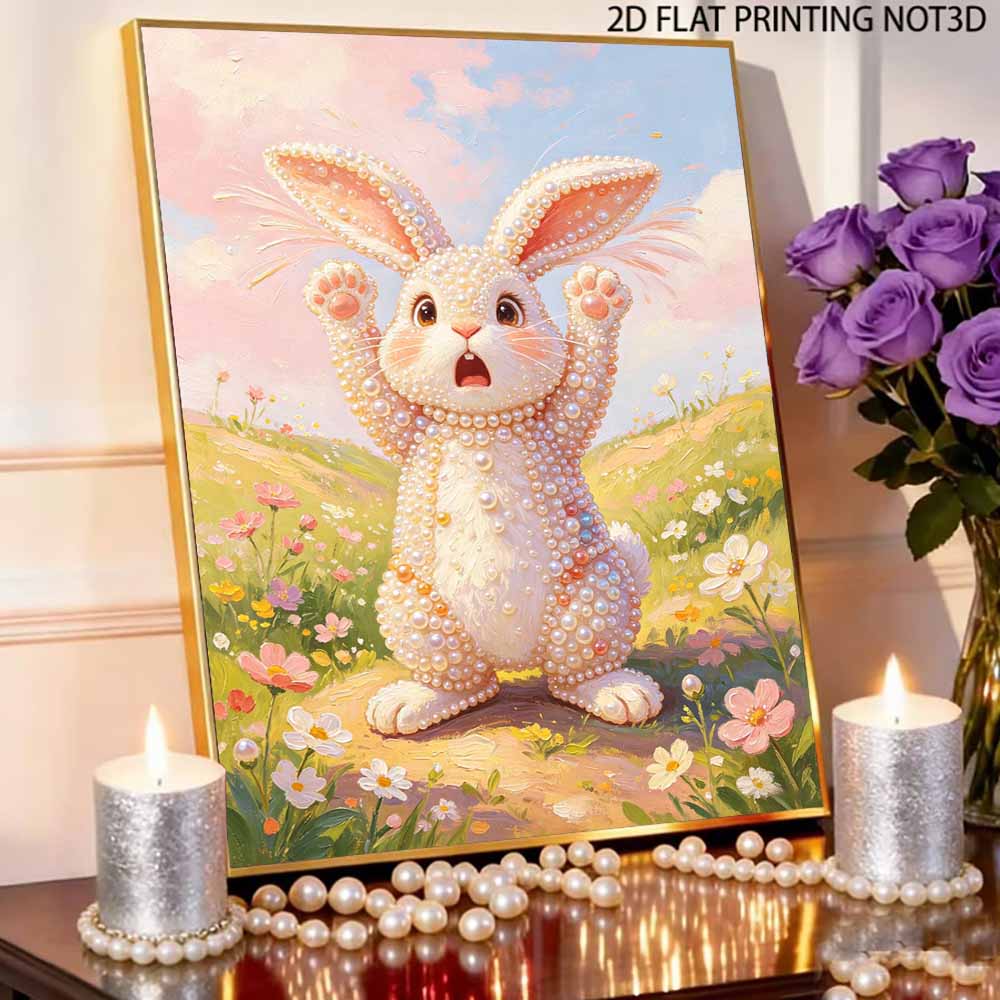 Sparkling Pearl Painting on Stretched Frame Cute Bunny in Flower Field DIY Bead Art Canvas Relaxing Hobby Gift for Craft Lovers Art Piece