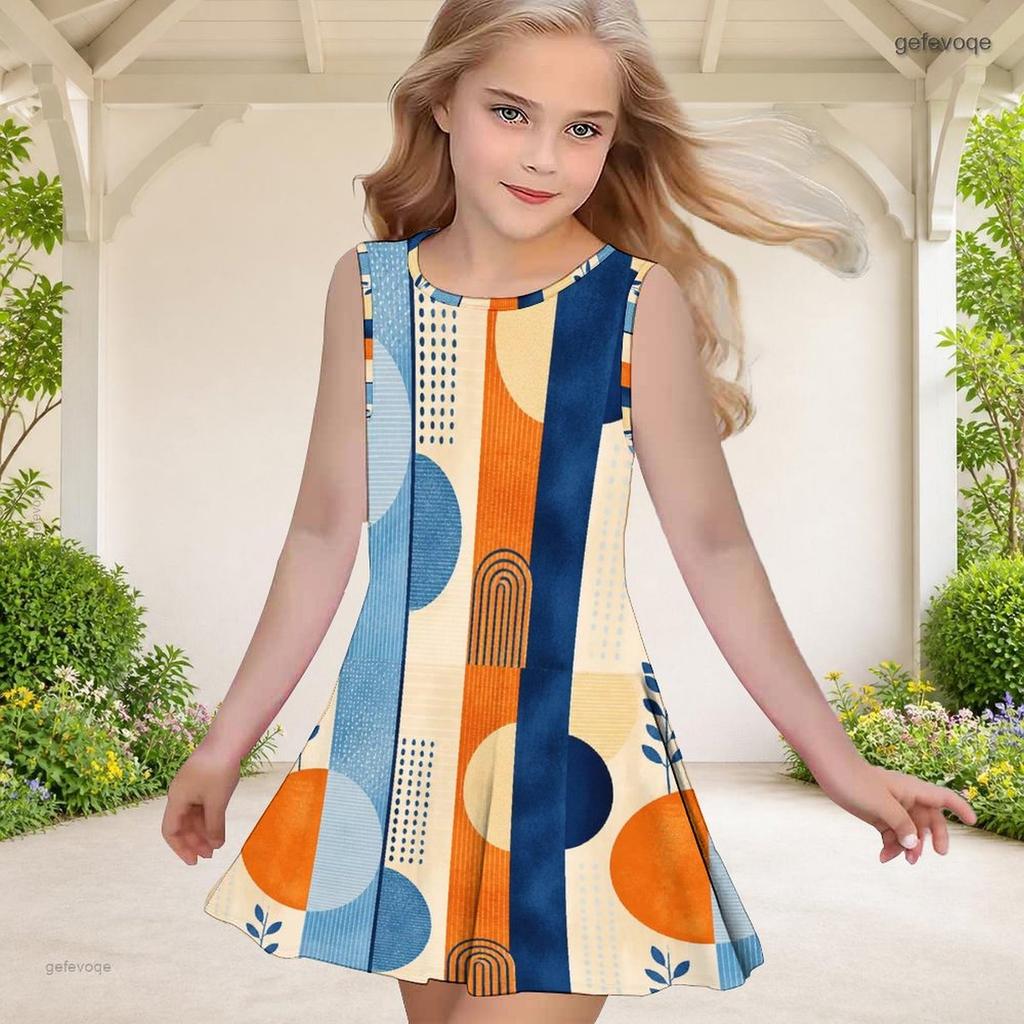 Girls Round Neck Sleeveless Geometric Printed A Line Flared Dress Blue Orange Beige