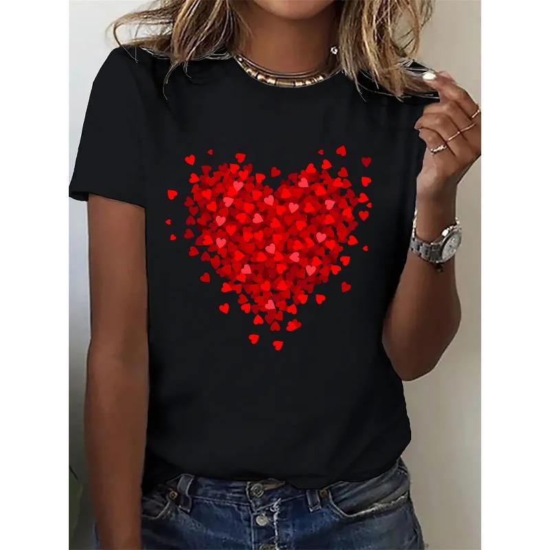 T-shirt de sport court à manches courtes pour femme, taille européenne, avec motif cœur et motif dessin animé, transfert thermique, T-shirt confortable et doux à col rond