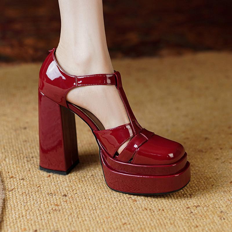 

cm high heels bag head T-button thick heel sandals women s European and American fashion women s shoes 39 бордовый