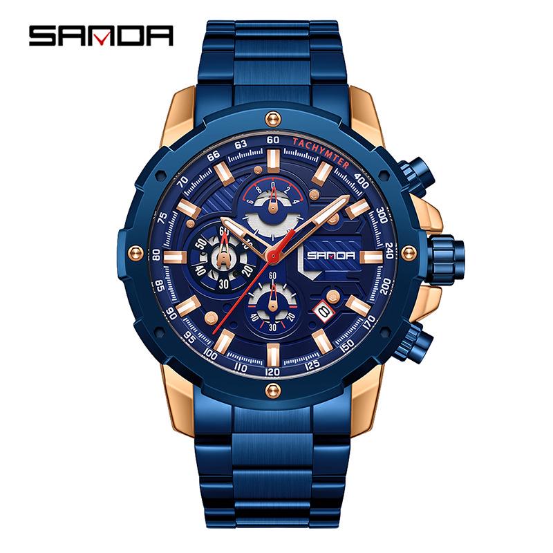 Sanda Men s Waterproof Quartz Watch with Three Dials, Six-Hand Function, Calendar, and Trendy Design